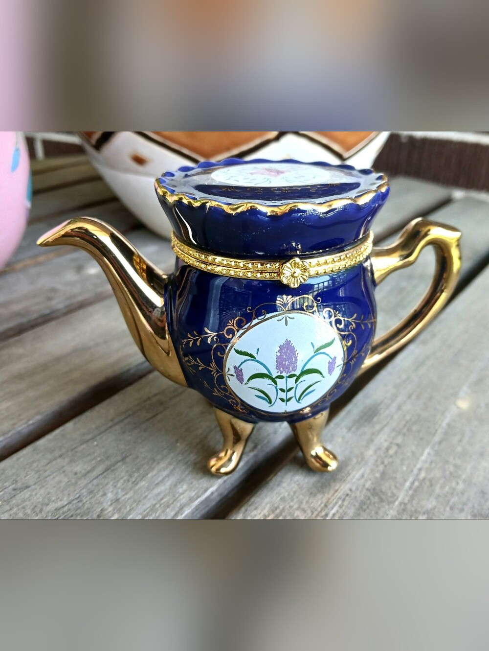 Vintage Blue & Gold Decorative Teapot Trinket Box with Floral Medallion